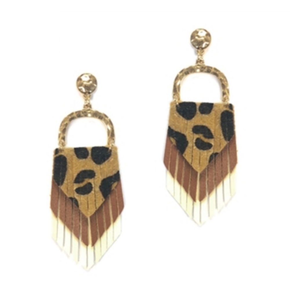 Cheetah Print Leather Layered Stud Earrings 3"